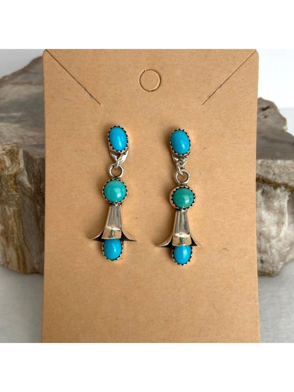 VTG Sterling Silver 925 Navajo Turquoise Squash Blossom Dangle Drop Earrings